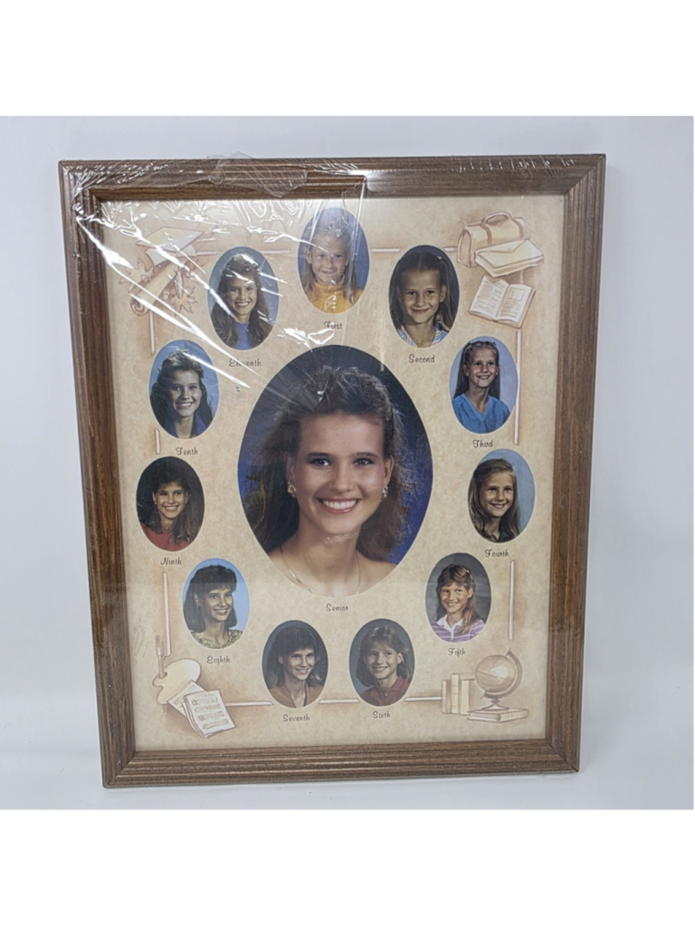 Vtg School Years Collage Frame 1st-12th Senior Retro Sealed Brown Wood 11x14